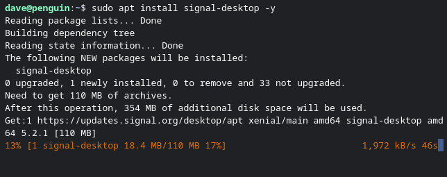Установка signal-desktop с помощью sudo apt install в терминале