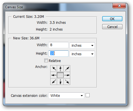 Окно изменения размера холста в Photoshop
