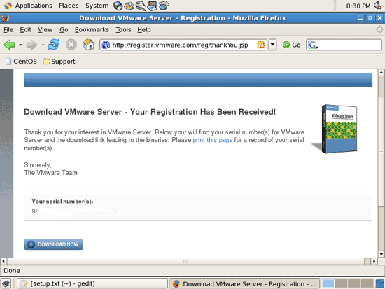 Пример страницы с сгенерированным серийным номером для VMware Server