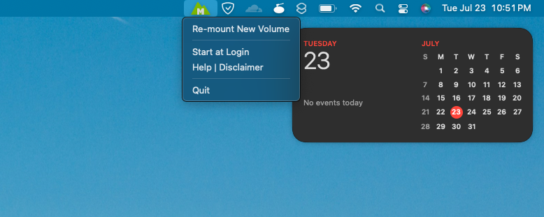 Меню macOS с опцией перемонтировать NTFS через Mounty