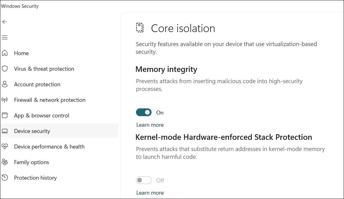 Параметр аппаратной защиты стека в приложении Безопасность Windows
