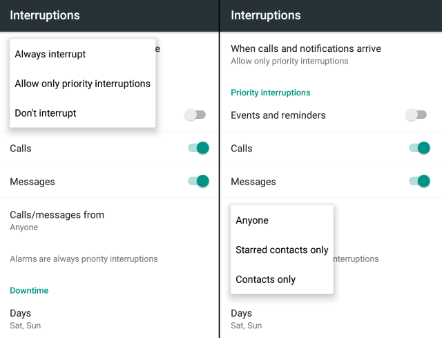 Настройки разрешённых вызовов и сообщений по категориям контактов