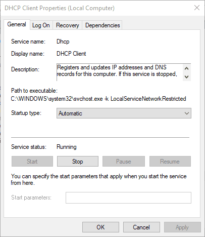Окно свойств службы DHCP-клиент