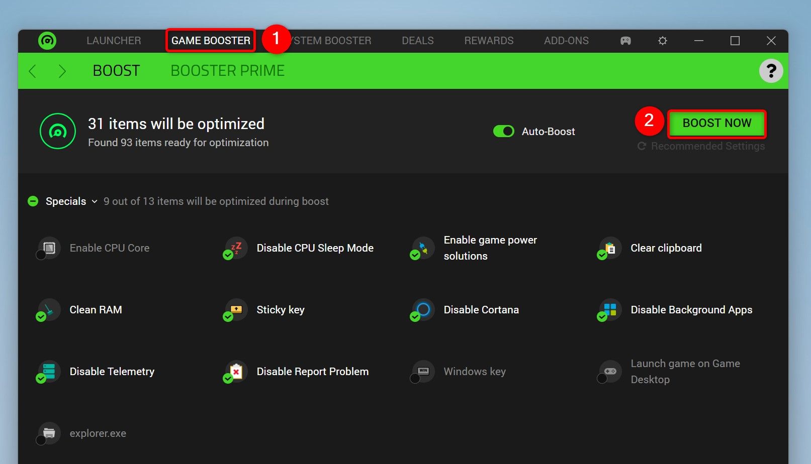 В интерфейсе Razer Cortex выделены