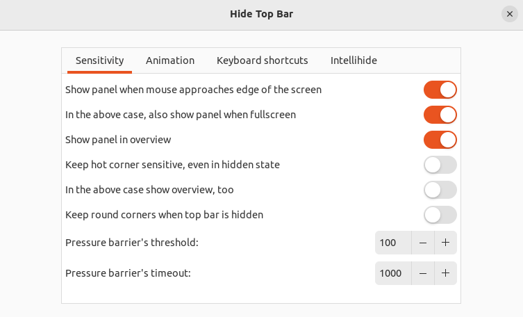 Меню настроек расширения Hide Top Bar