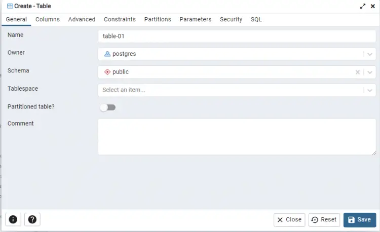 Окно создания таблицы в pgAdmin