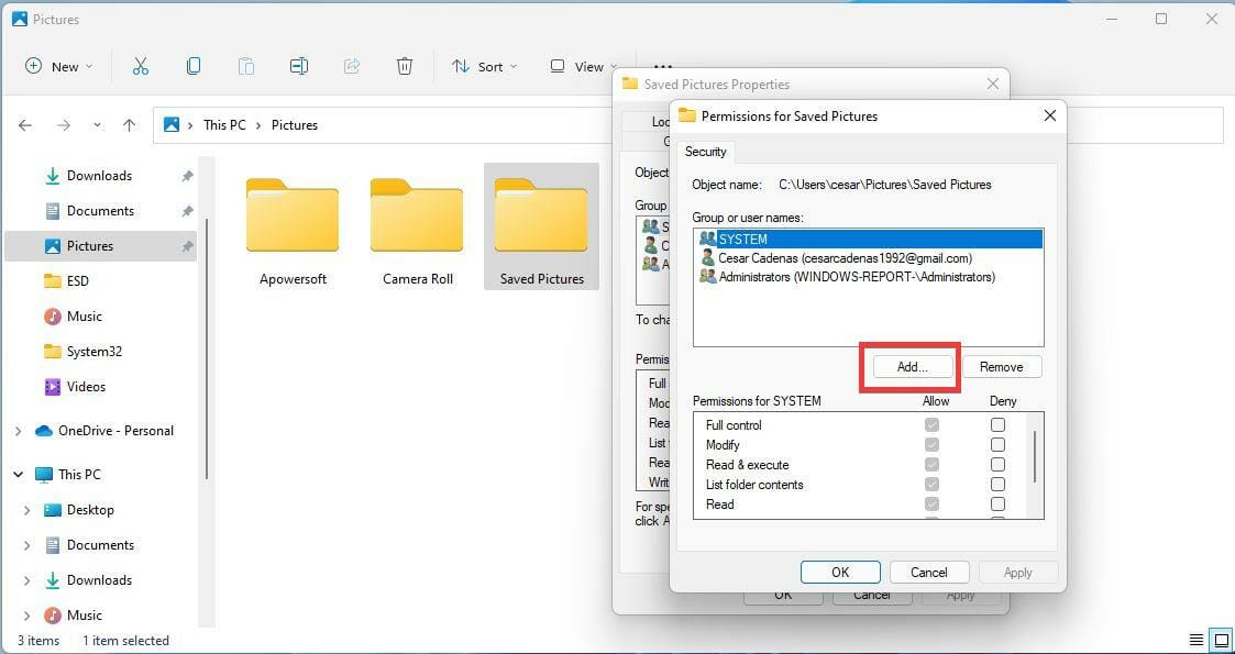 Кнопка Add в окне безопасности для добавления пользователя или группы