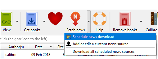 Нажмите стрелку и выберите 'Schedule News Download' в Calibre