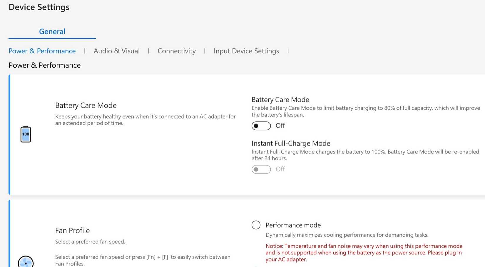 Вкладка Device Settings в приложении MyAsus