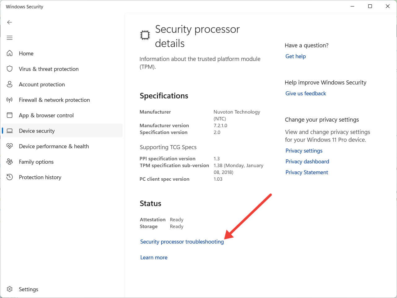 Нажатие на пункт устранения неполадок процессора безопасности.