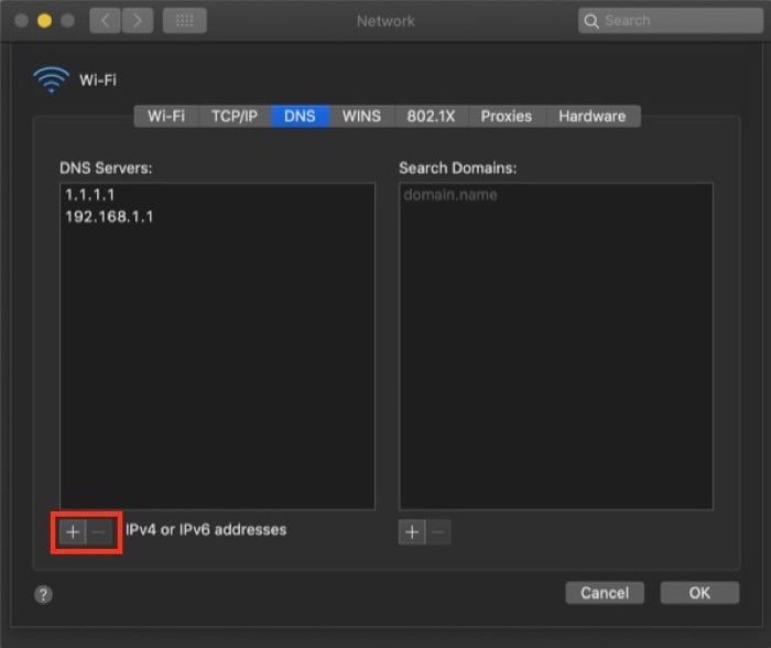 Снимок: ввод DNS-сервера в macOS