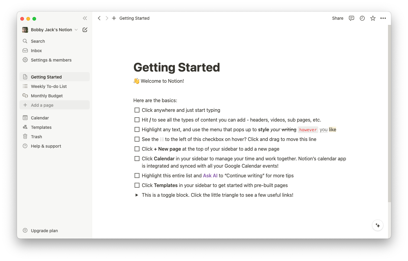 Образец страницы Notion с выделенным пунктом 
