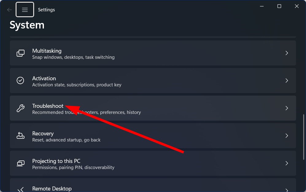 Скриншот раздела Устранение неполадок в Windows Settings