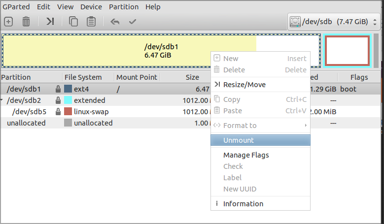 Размонтирование раздела в GParted