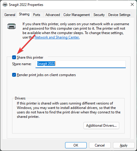 Включение общего доступа к принтеру