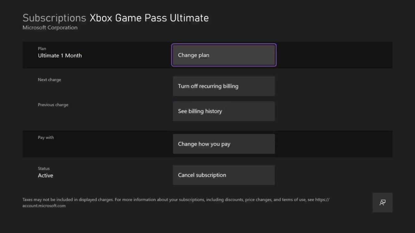 Скриншот опций подписки Xbox Game Pass на консоли с выделенной «Изменить план»