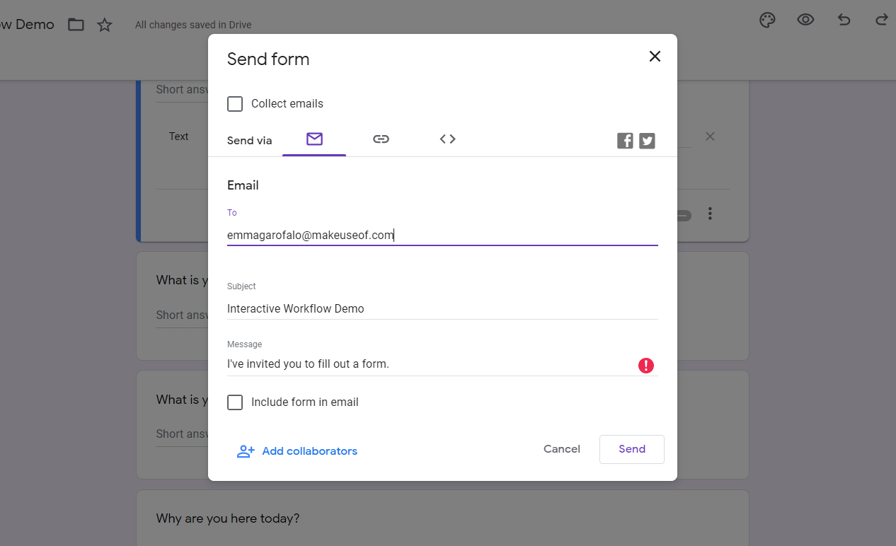 Кнопка 'Отправить' и опции совместного доступа к форме
