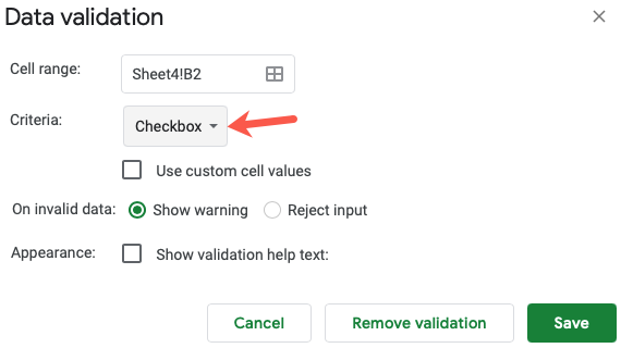 Выберите критерий «Флажок» в списке