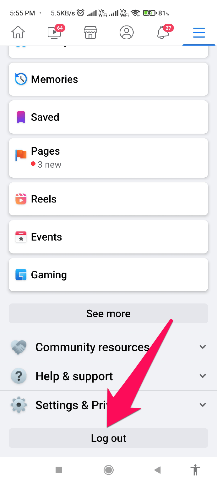 Кнопка выхода из Facebook