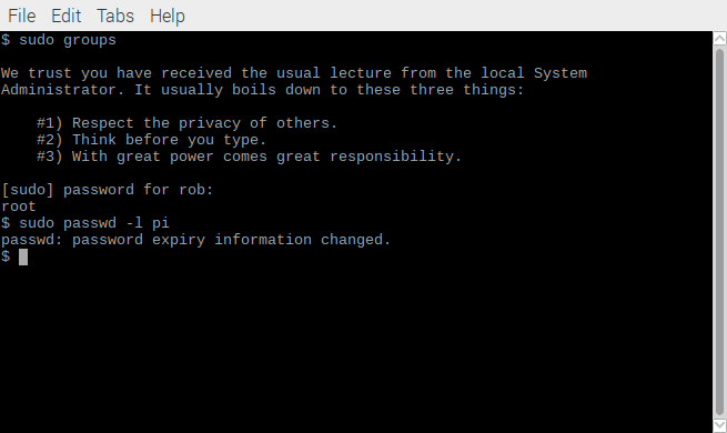 Блокировка пользователя pi путём истечения пароля