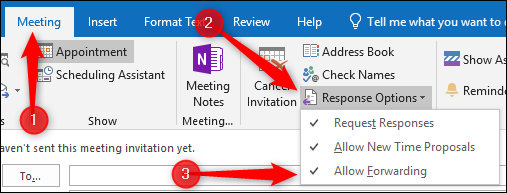 Параметры ответа на приглашение — вкладка «Собрание» в Outlook
