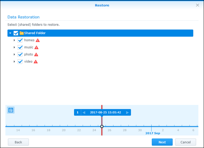 Выбор папок для восстановления