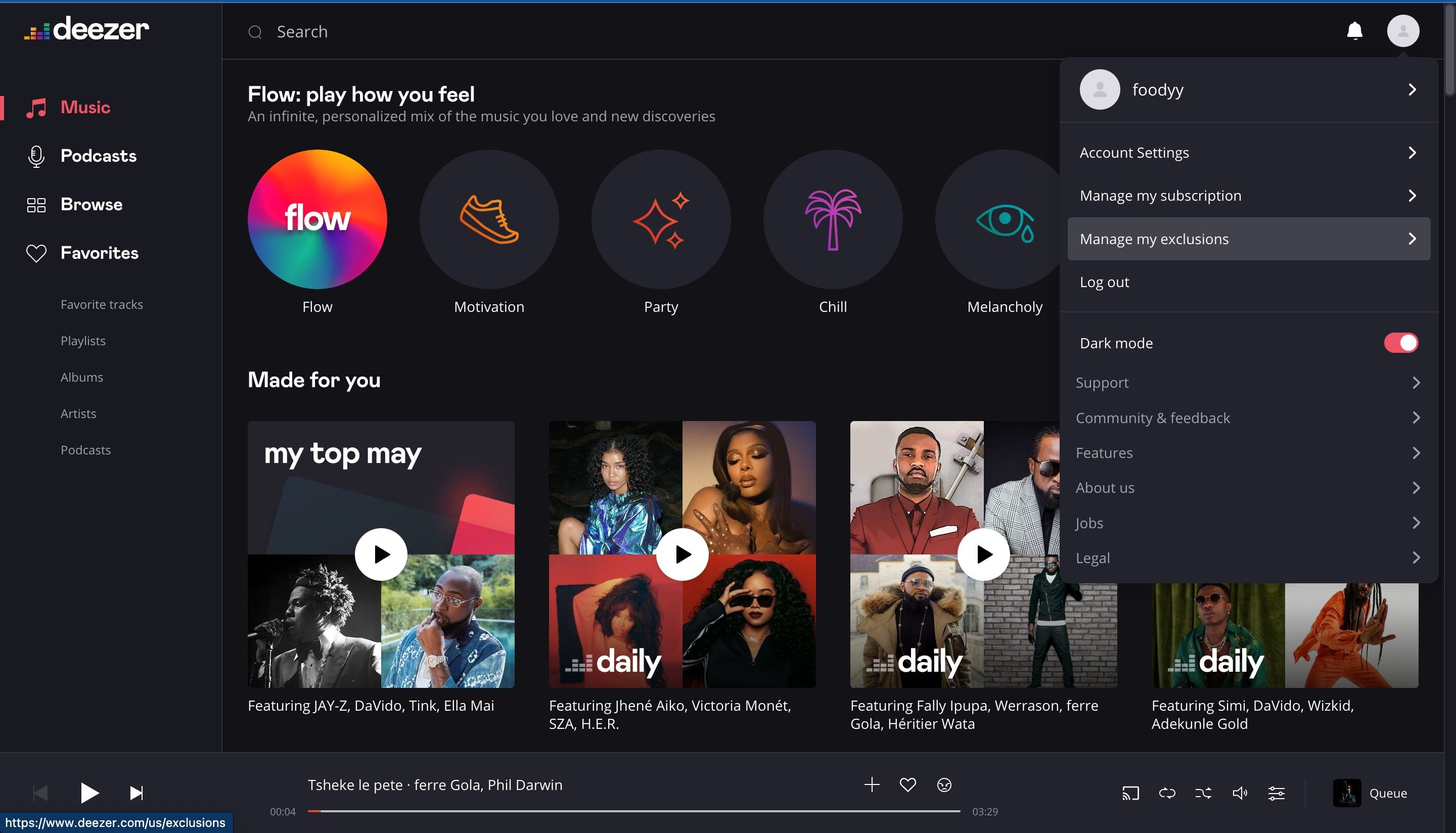 Веб‑меню Deezer с пунктом управления исключениями