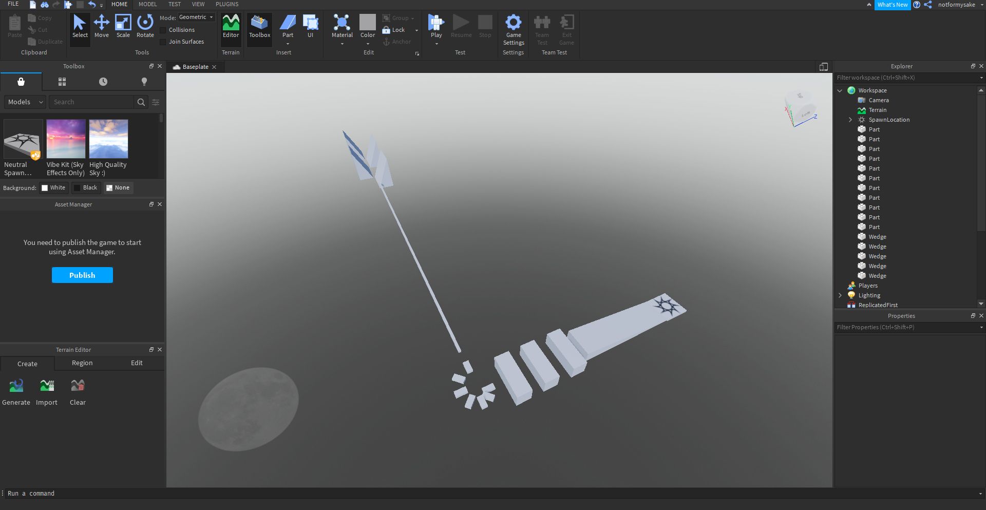 Roblox Studio с уровнем, созданным из примитивов