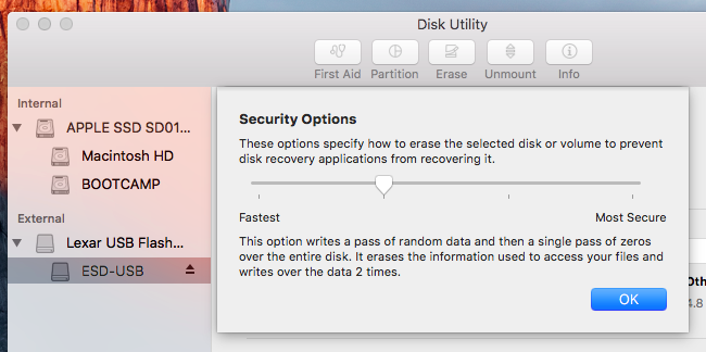 Дисковая утилита macOS: параметры стирания