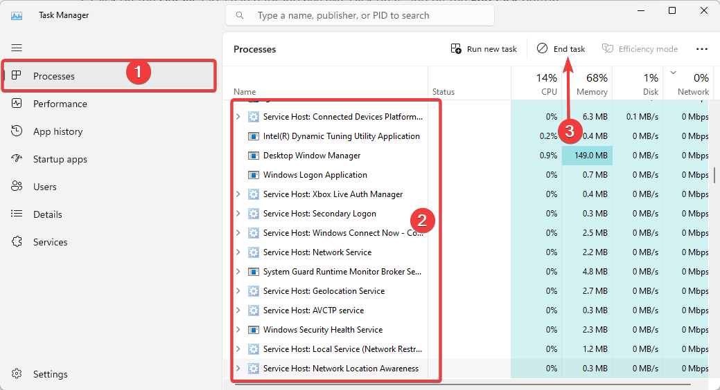 Диспетчер задач: завершение процесса на вкладке Процессы