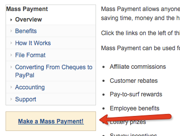 Страница создания массовой выплаты в PayPal