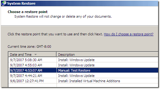 Список точек восстановления — выберите точку до изменения пароля
