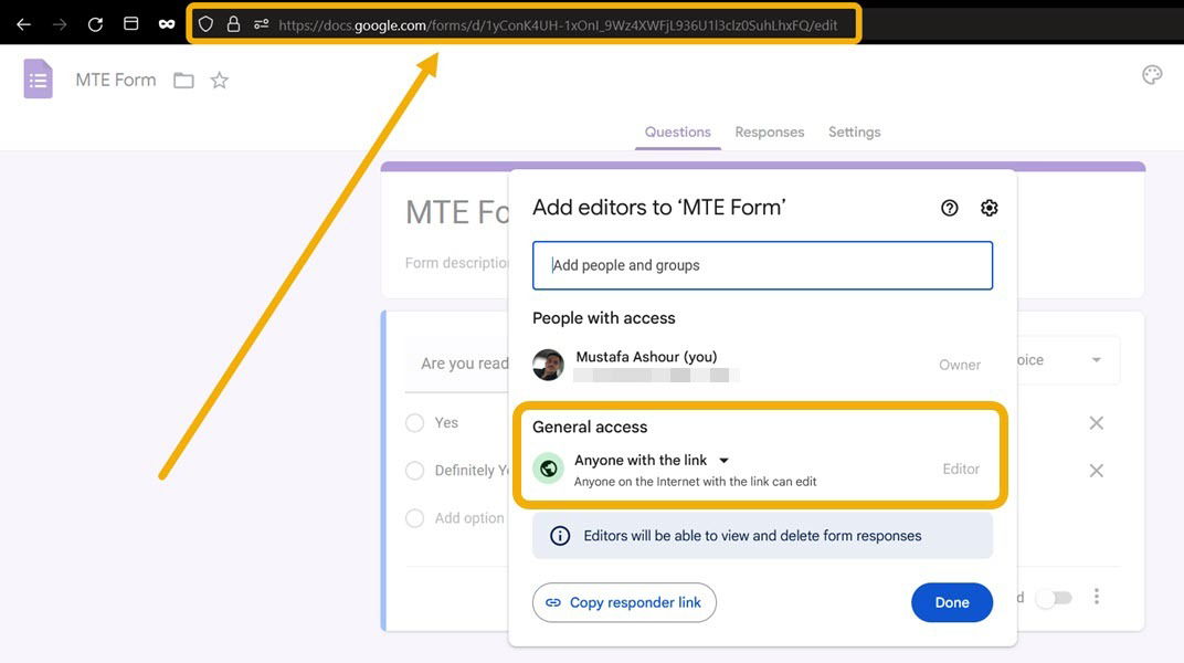 Поделиться ссылкой на редактирование Google Forms