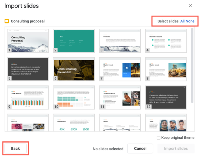 Кнопки выбора всех слайдов, снятия выбора и возврата к выбору презентации.