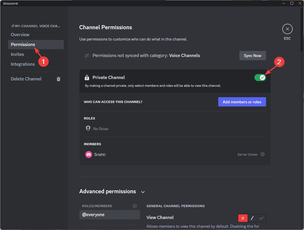 Страница настроек канала, вкладка Permissions