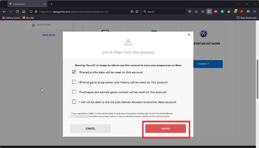 Кнопка Unlink для подтверждения отвязки