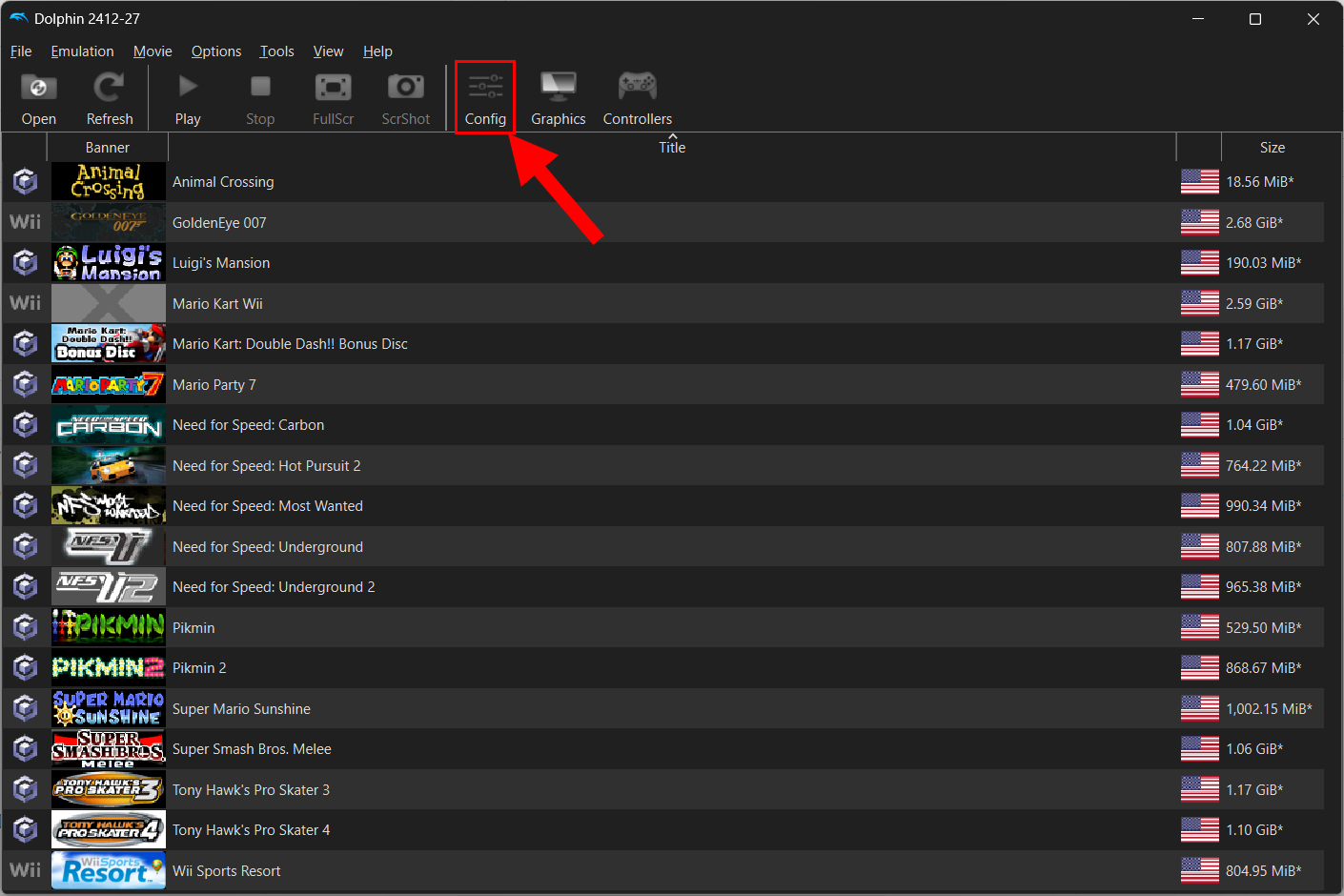 Интерфейс Dolphin с подсказкой для кнопки Config.
