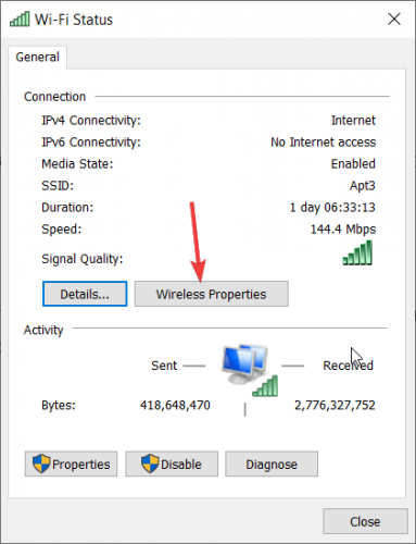 Кнопка Свойства беспроводной сети в свойствах подключения