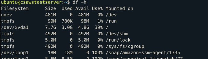 Пример вывода команды df -h, перечислены файловые системы, размер, использование и точка монтирования