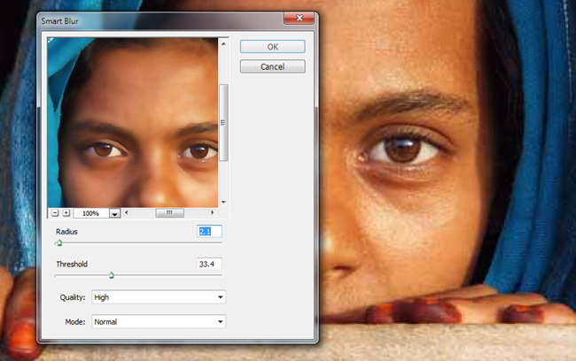 Finestra Smart Blur con impostazioni Radius e Threshold