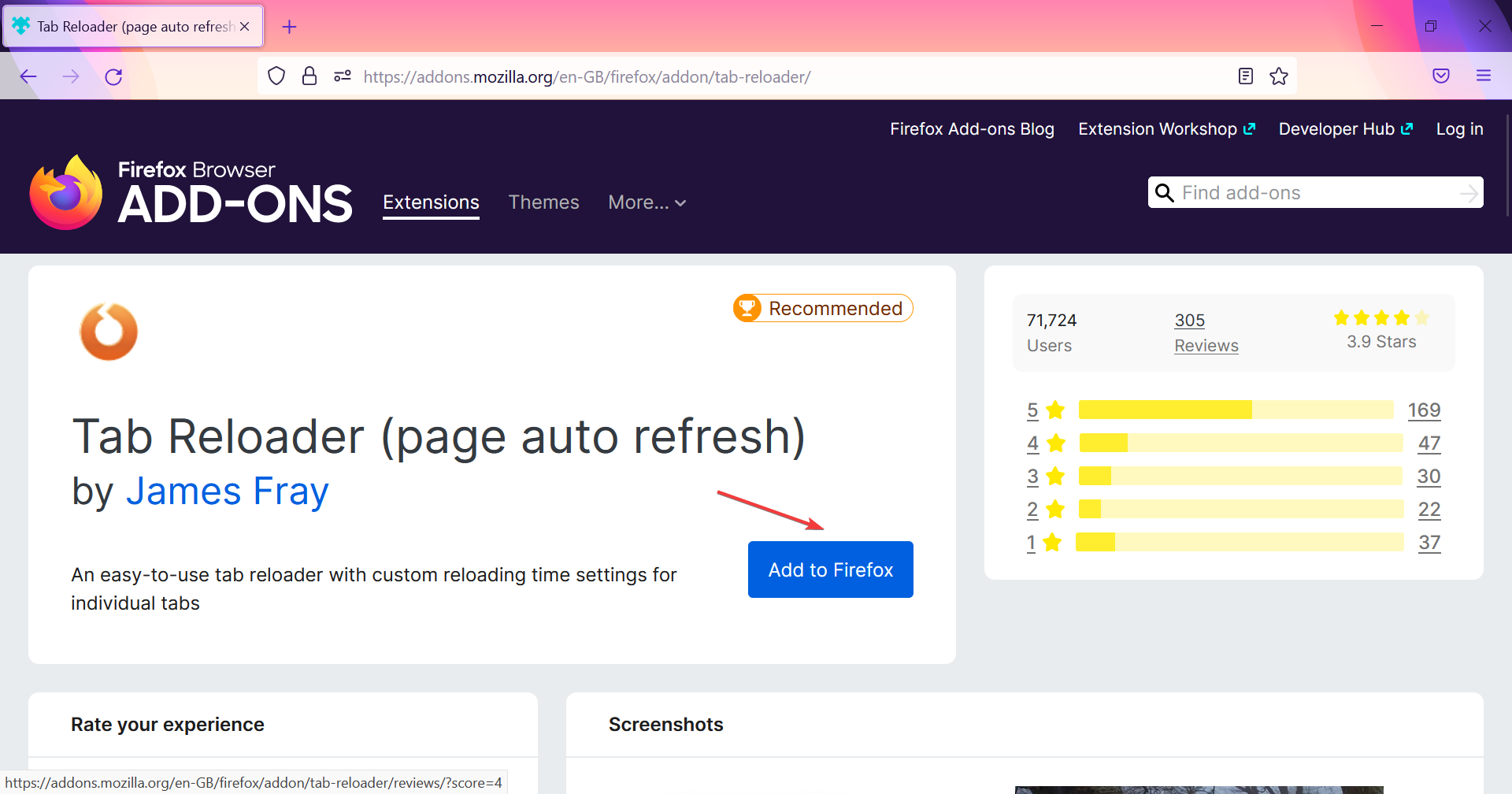 Кнопка «Добавить в Firefox» на странице Tab Reloader