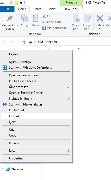 Formato do pendrive antes de criar a unidade de recuperação