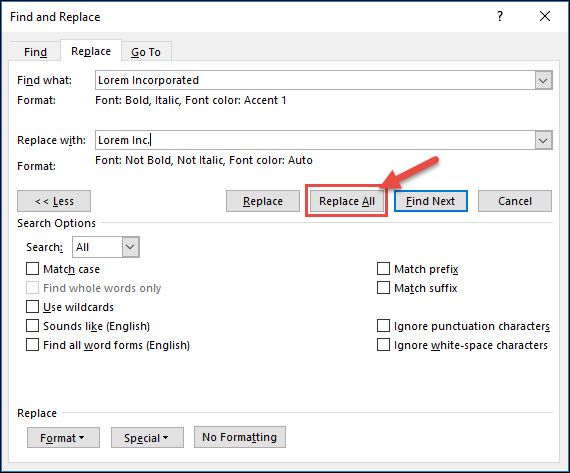 Кнопки 'Найти далее', 'Заменить', 'Заменить все' в диалоге
