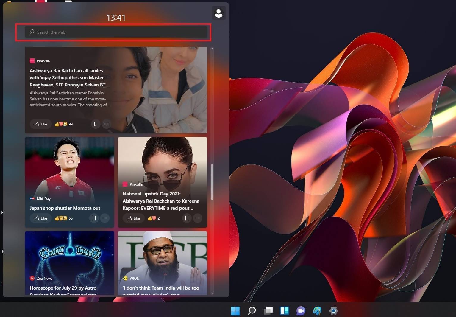 Виджет поиска в панели виджетов Windows 11