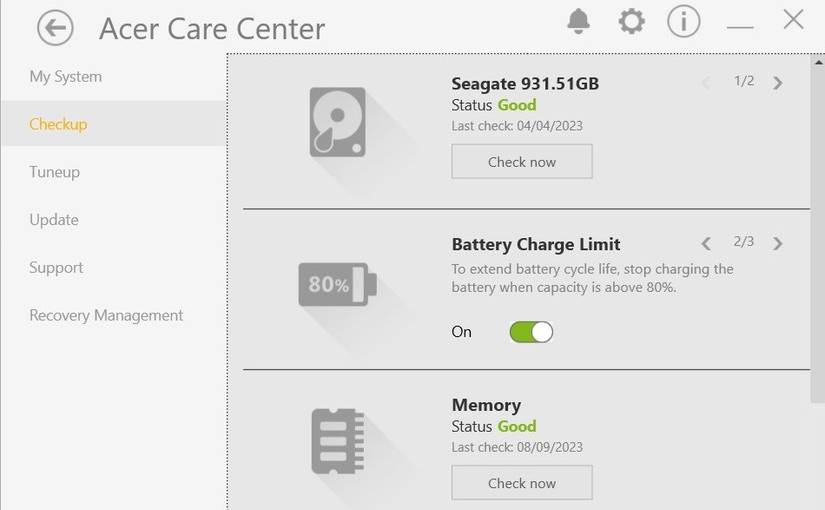 Опция Battery Charge Limit в Acer Care Center