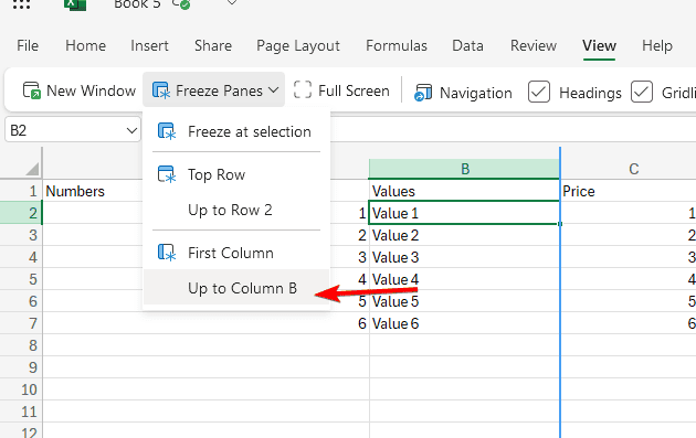 Пункт меню «Закрепить до столбца B» в Excel