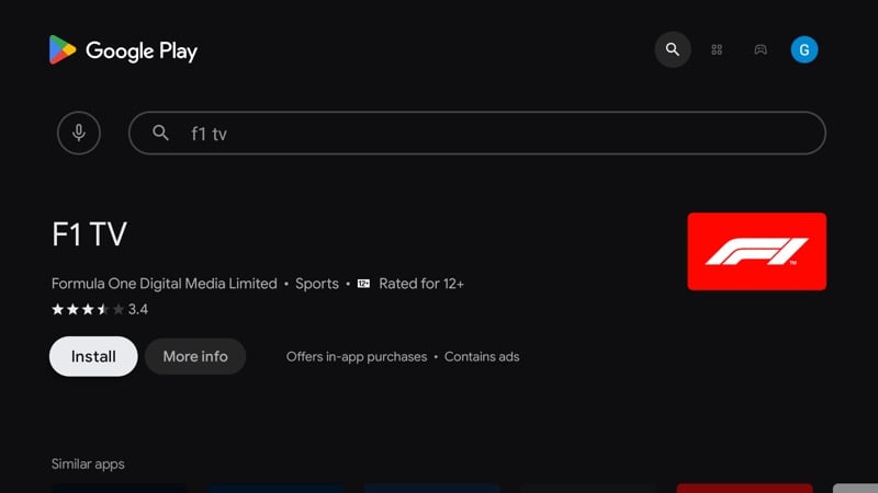 Страница приложения F1 TV в Google Play на Android TV
