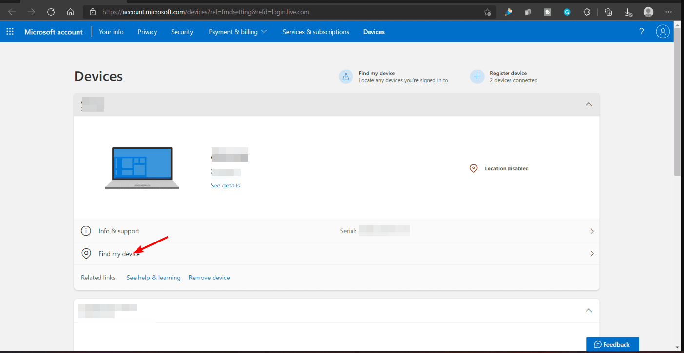 Веб-интерфейс Microsoft — опция «Найти устройство»