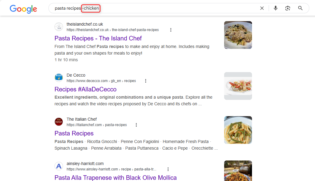 Результат поиска Google для запроса с исключением слова 'chicken'