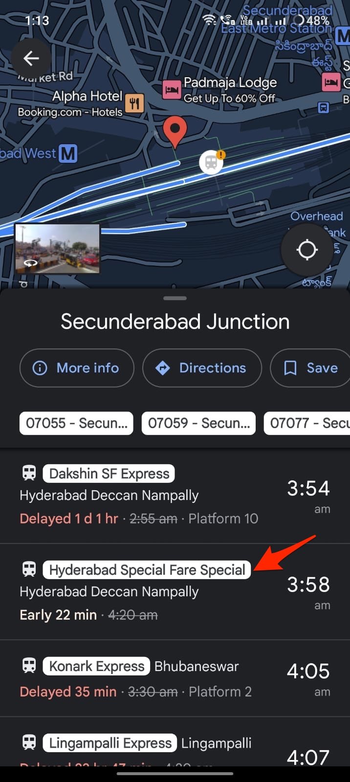 Список поездов у станции с выбором поезда для подробной информации